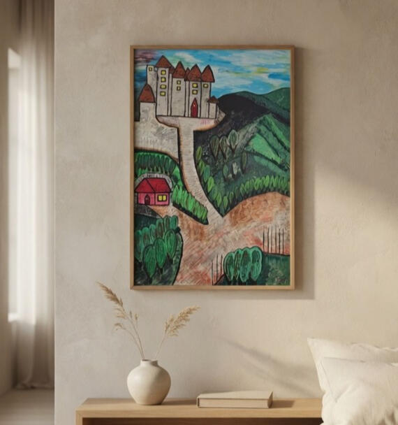 The colours are vibrant yet soft, giving the scene a playful, almost childlike charm. The overall mood is warm, inviting, and imaginative, transforming the legendary Bran Castle into a friendly, magical place rather than a dark or imposing one.