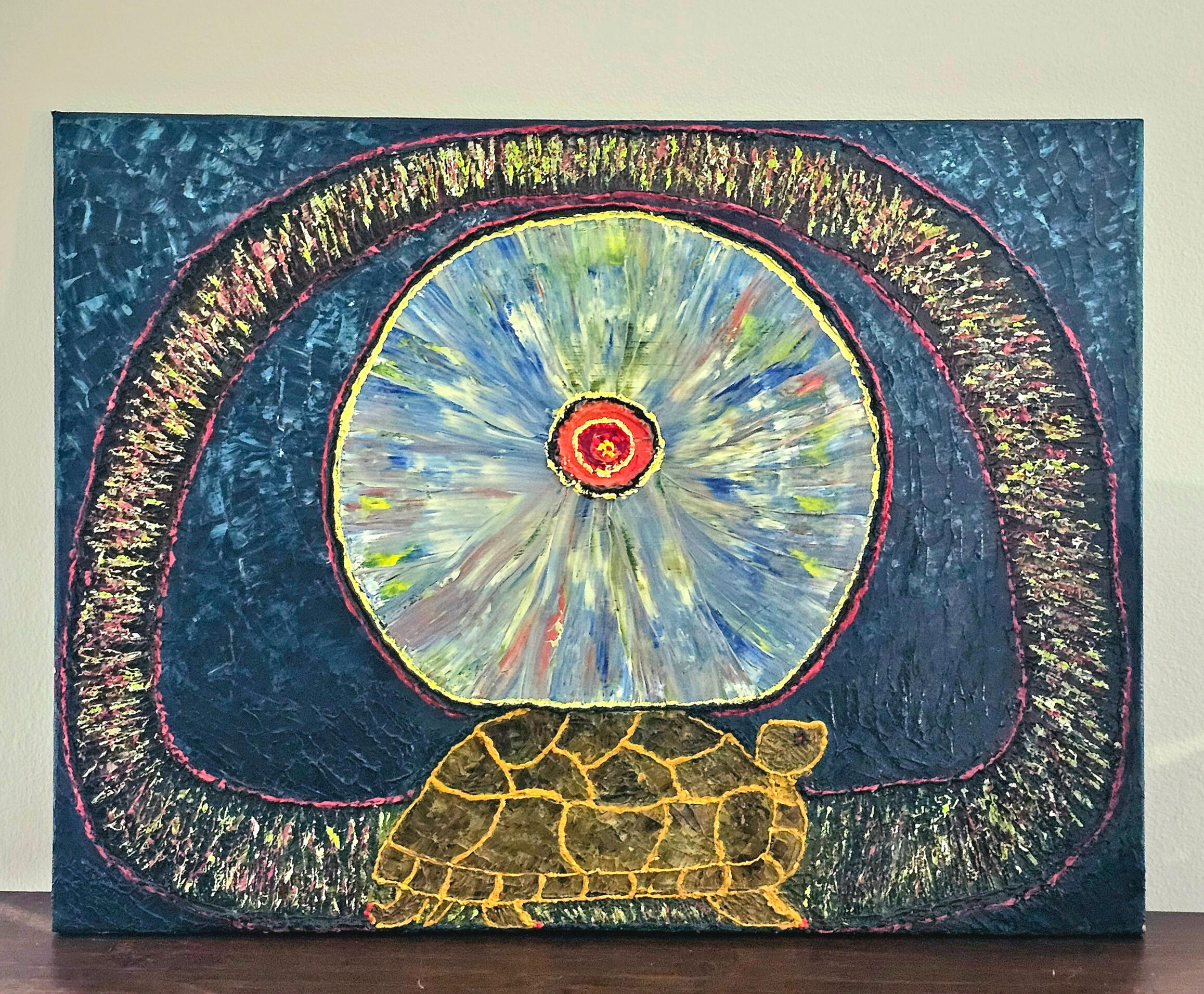 This work evokes the moment of cosmic creation, a star‑burst of light radiating outward like the birth of a universe and the Sun, inviting the viewer to slow down.