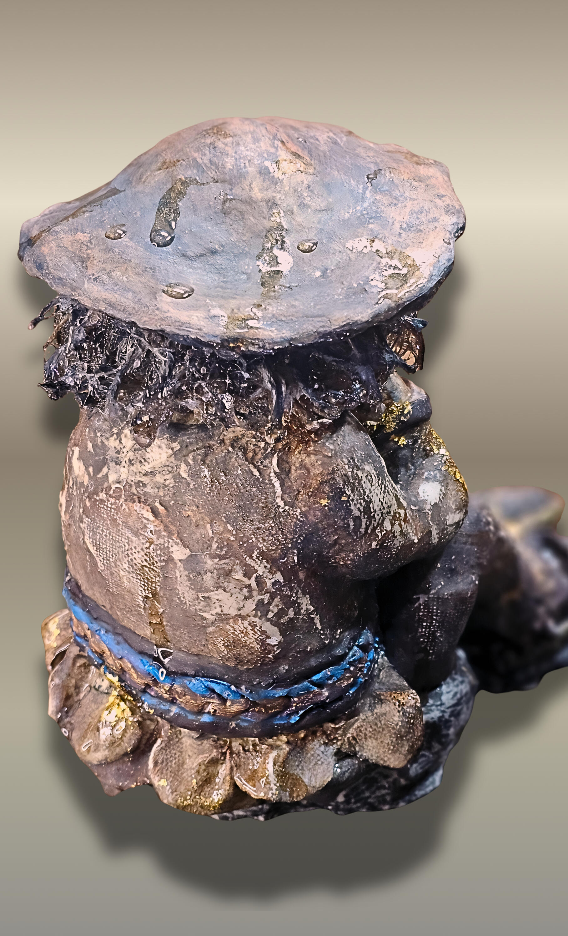 Built on a cloth base and reinforced with plaster gauze, the sculpture is hand-shaped in _air-dry clay_ , finished with acrylic and subtle accents of _24k gold_ that are delicately applied to introducing a quiet alchemical presence within the sculpture.