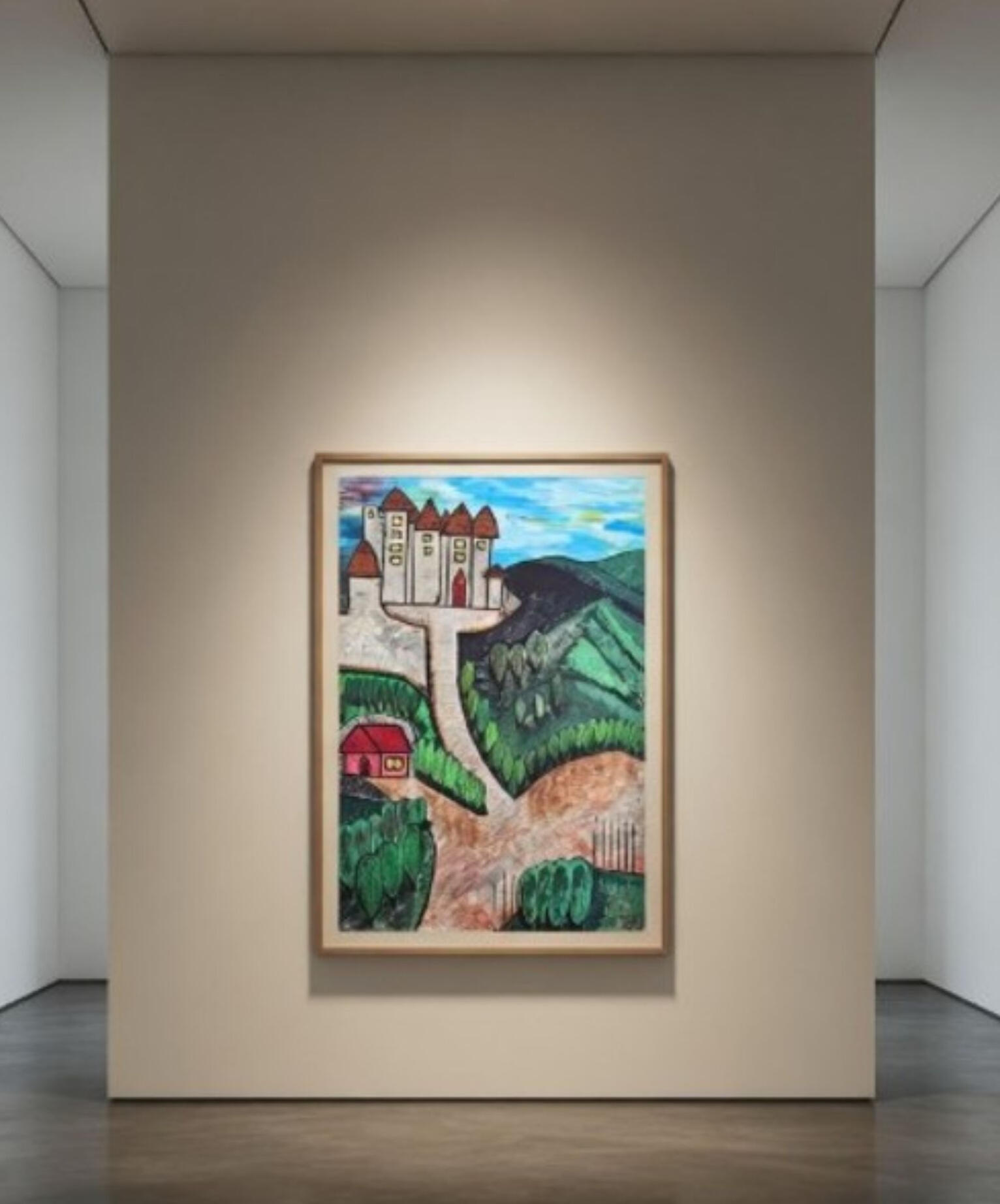 This painting reimagines Bran Castle through a whimsical, storybook lens. The castle rises on a gentle hill, outlined with bold, confident lines and filled with warm earthy tones.