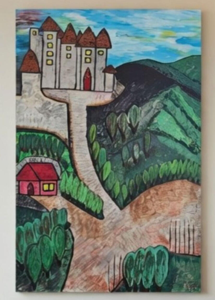 A winding road leads the viewer’s eye toward the fortress, passing through clusters of stylized green trees and a small red-roofed house nestled in the landscape.