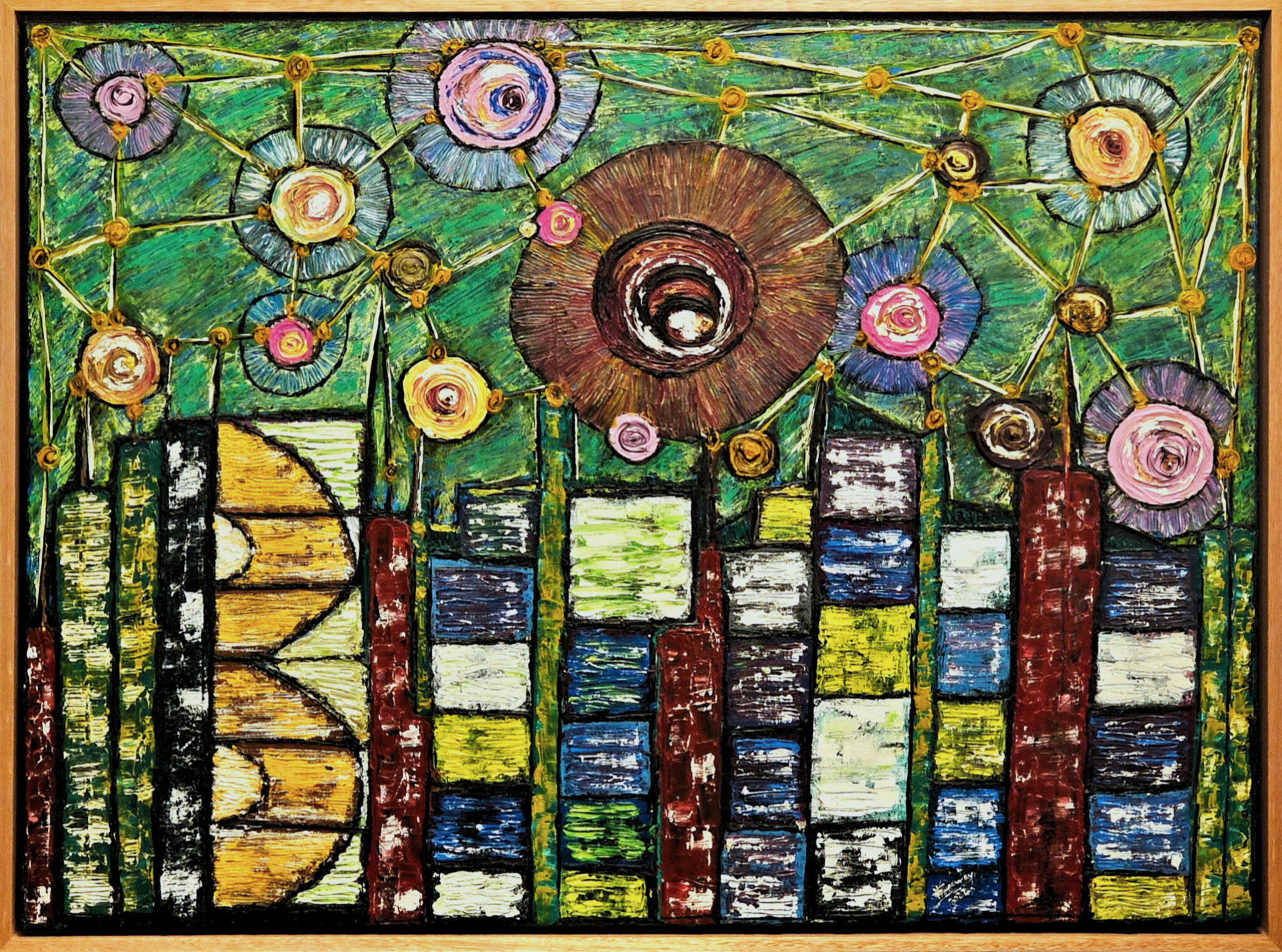 The dominant use of green throughout the composition reflects a longing for the natural world, reintroduced into an otherwise confined and constructed environment.